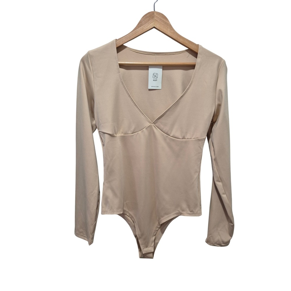 Long Sleeve Bodysuit‎ Beige V Neck Top Fitted Casual Blouse